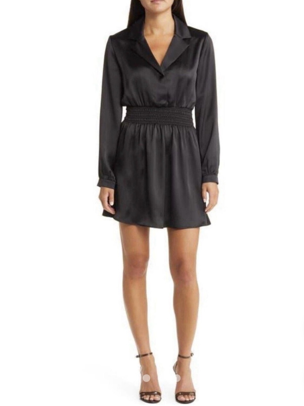 Steve Madden Black Satin Mini Dress with Smocked Waist
